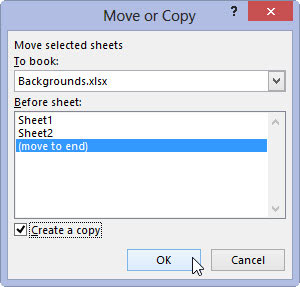 In the Before Sheet list box, click the name of the sheet that should immediately follow the sheet(s) that you’re about to move or copy into this workbook.