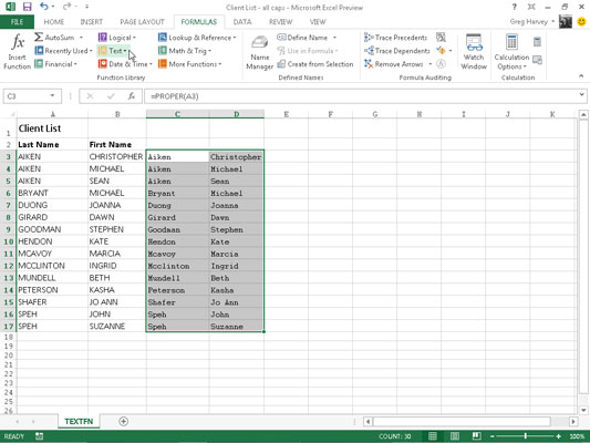 Drag the fill handle in the lower-right corner of cell D3 down to cell D17 and then release the mouse button to copy the formulas with the PROPER function down.