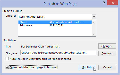 Select the Open Published Web Page in Browser check box and then click the Publish button.
