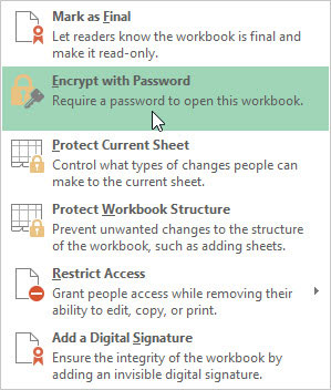 Click the Protect Workbook button to open its drop-down menu and then choose Encrypt with Password.