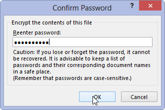 Type the password in the Reenter Password text box exactly as you typed it into the Password text box in the Encrypt Document dialog box and then select OK.