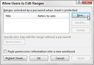 Click the Allow Users to Edit Ranges command button on the Ribbon’s Review tab or press Alt+RU.