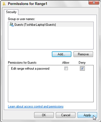 Click the name of the first user who must know the password and then select the Deny check box in the Permissions For list box.