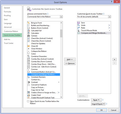 Click the Compare and Merge Workbooks item in the list box below and then click the Add button.