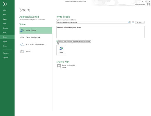 (Optional) Select the Require User to Sign-In before Accessing Document check box if you want the people with whom you share the workbook to have to log into a Windows Live account before they can open the workbook.