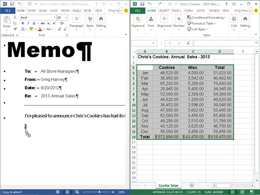 Embed data into a Word document. Select the Show Windows Side by Side option to place the Excel 2013 window to the immediate right of the Word 2013 window.