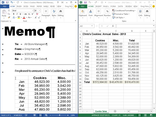 Drag the cell range to the new paragraph marker in the memo in the Word document window.