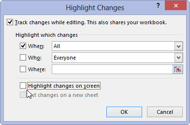 (Optional) If you don’t want changes displayed in the cells onscreen, click the Highlight Changes on Screen check box to clear its check mark.