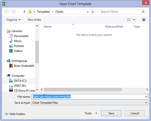 Edit the generic chart template filename in the File Name text box to give the chart template file a descriptive name without removing the .crtx filename extension.
