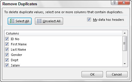 Click the Remove Duplicates command button on the Ribbon’s Data tab or press Alt+AM.