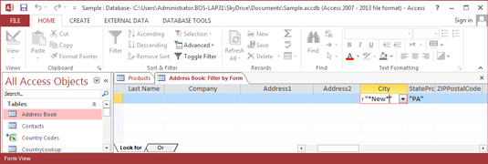 Filtering by form in Access 2013.