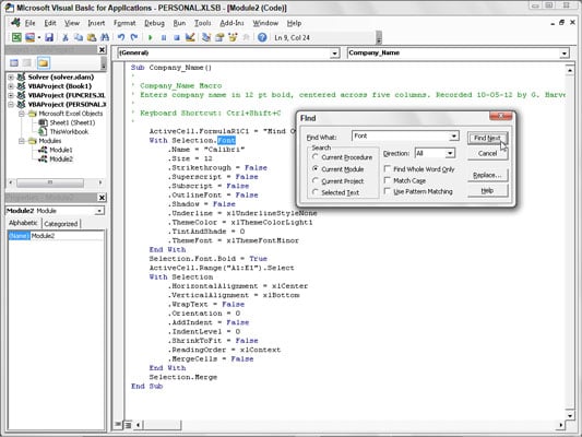 How to Find and Replace Code in a Visual Basic Editor Macro - dummies