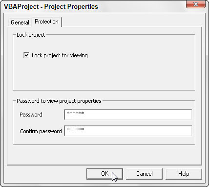 Choose Tools→VBAProject Properties from the Visual Basic Editor’s menu bar.