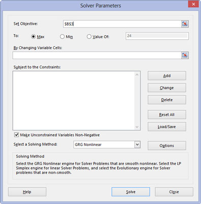 Click the target cell in the worksheet or enter its cell reference or range name in the Set Objective text box.