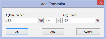 (Optional) Click the Add button to the right of the Subject to the Constraints list box in the Solver Parameters dialog box.