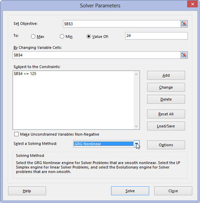 (Optional) Deselect the Make Unconstrained Variables Non-Negative check box if you want to allow negative values when the variable cells are not subject to constraints.