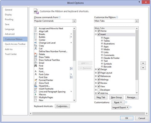 In the Word Options window, choose Customize Ribbon.