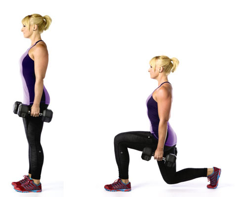 The dumbbell lunge strengthens the lower body.