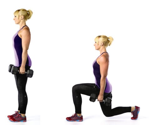 The dumbbell lunge strengthens the lower body.