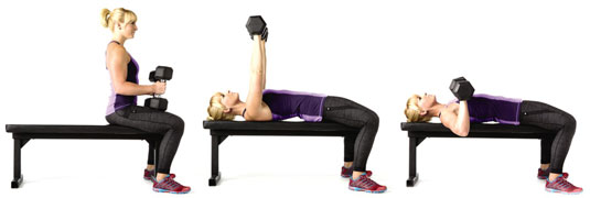 The dumbbell bench press builds your upper body, working your chest, shoulders, and triceps.