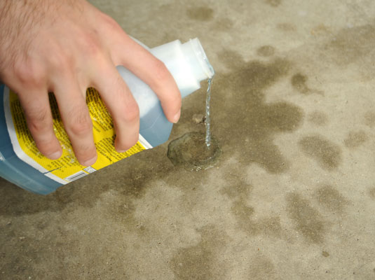 Pour muriatic acid solution onto the grease and oil stains.