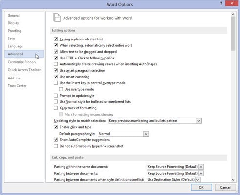 Choose Advanced from the list on the left side of the Word Options window.