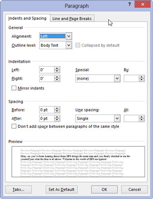 Conjure up the Paragraph dialog box (by clicking the Paragraph Settings down arrow at the lower right of the Paragraph group on the Home tab).