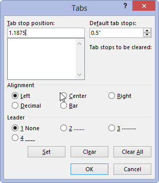 Enter the exact tab stop position in the Tab Stop Position box.