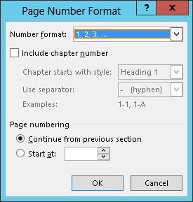 In the Header & Footer area, choose Page Number→Format Page Numbers.