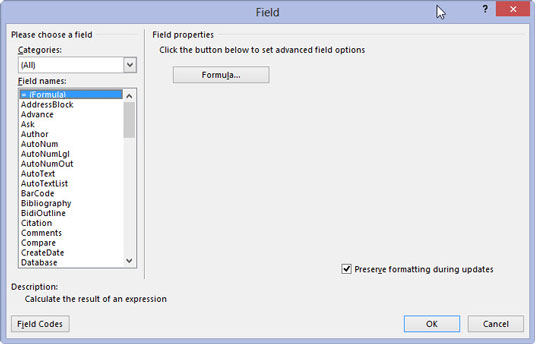 Summon the Field dialog box by selecting Field from the Quick Parts drop-down in the Text group of the Insert tab.