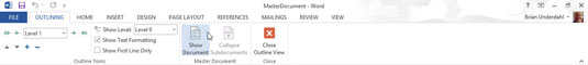 On the Outlining tab in the Master Document group, click the Show Document button.