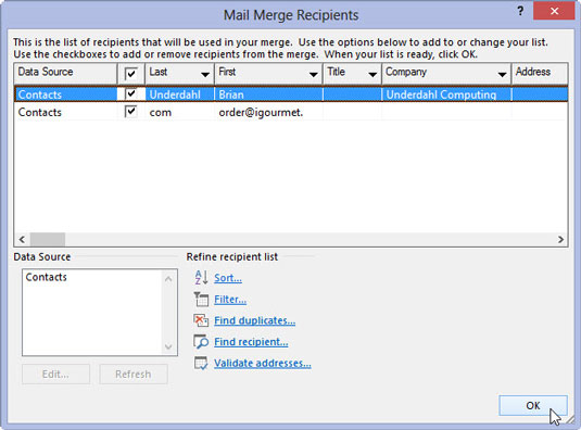Use the Mail Merge Recipients dialog box to filter the recipient list.