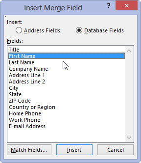 Use the Insert Merge Field menu to stick the proper field into the document.