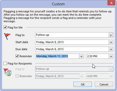 Select the Reminder check box and select the new date when you want the reminder flag to appear.