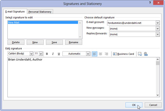 Type the text of the signature you want in the Edit Signature box, and add any formatting you want. Click OK.