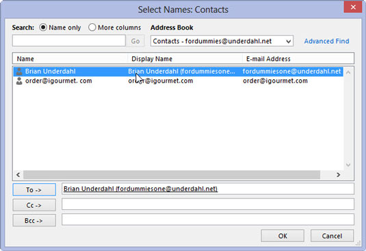 Select a name from your Address Book and click the To button in the Select Names dialog box.