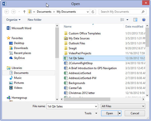 In the Open dialog box, click to highlight the file you want to open.