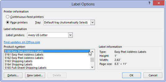 Choose the label vendor and product number representing the sheet of labels on which you're printing.