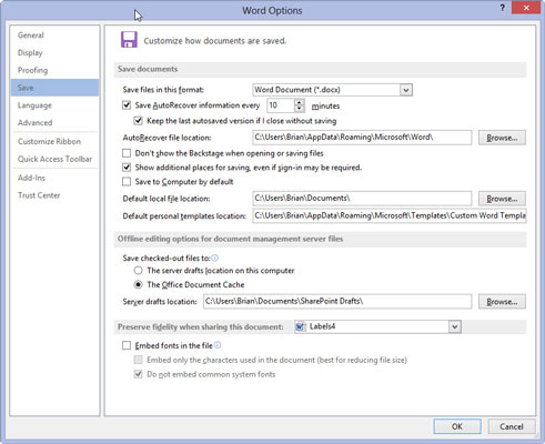 On the right side, ensure that a check mark appears by the item Save AutoRecover Information Every 10 Minutes. Click OK to close the window.