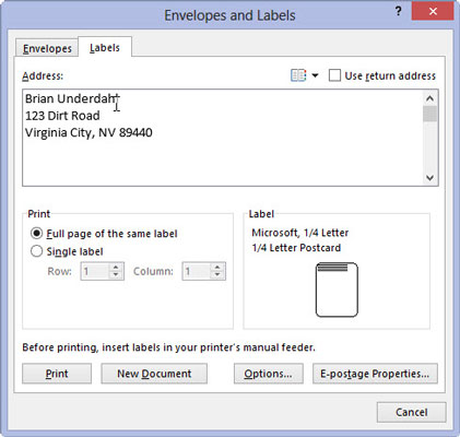 Use the Address box to type the text you want printed on the label.