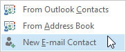 To include the e-mail addresses of people who aren’t in your Contacts list or any of your other Outlook Address Books, Choose New Email Contact.