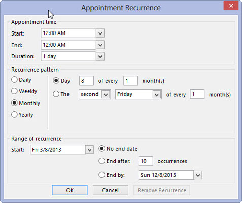 In the Recurrence Pattern section, click the Daily, Weekly, Monthly, or Yearly option button to select how often the appointment recurs.