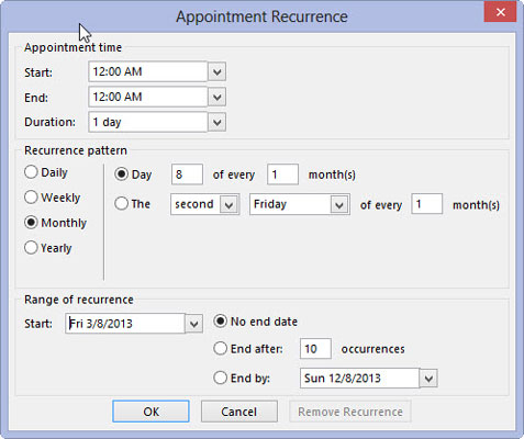 In the Range of Recurrence section, enter the first occurrence in the Start box.