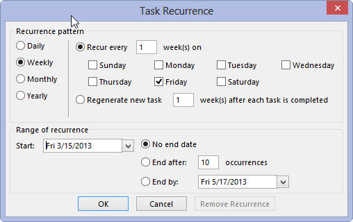 In the Range of Recurrence section, enter the first occurrence in the Start box.