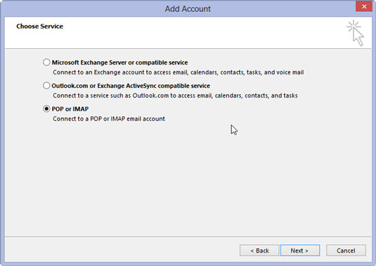 Click an option: Microsoft Exchange, POP3, or IMAP and then click the Next button. (If you don’t see these options, select the Manual Setup or Additional Server Types option and click Next.)