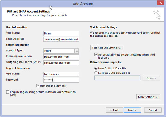 Fill in the blanks in the New Account dialog box.