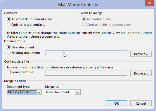 In the Merge Options section, choose Mailing Labels from the Document Type list. Then choose New Document from the Merge To list.