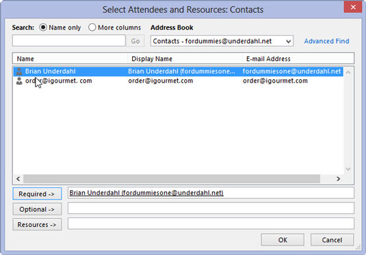 Click either the Required or Optional button, depending on how important that person’s attendance is to the meeting.