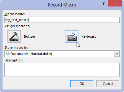 Click the Keyboard button to assign a keyboard shortcut to the macro.