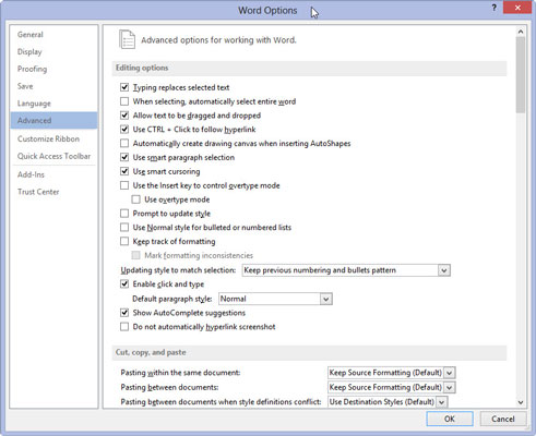 Choose Advanced from the left side of the Word Options dialog box.